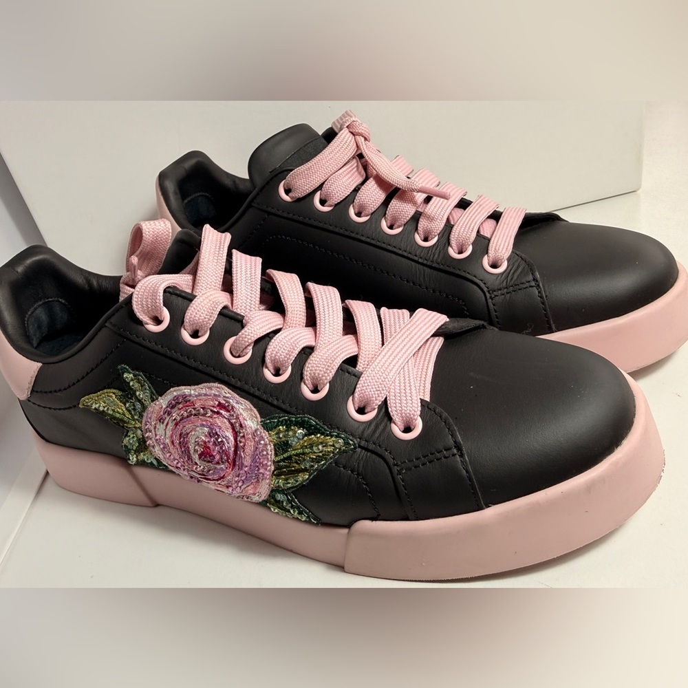 Dolce & Gabbana Black and Pink Floral Sneakers - Picture 3 of 6